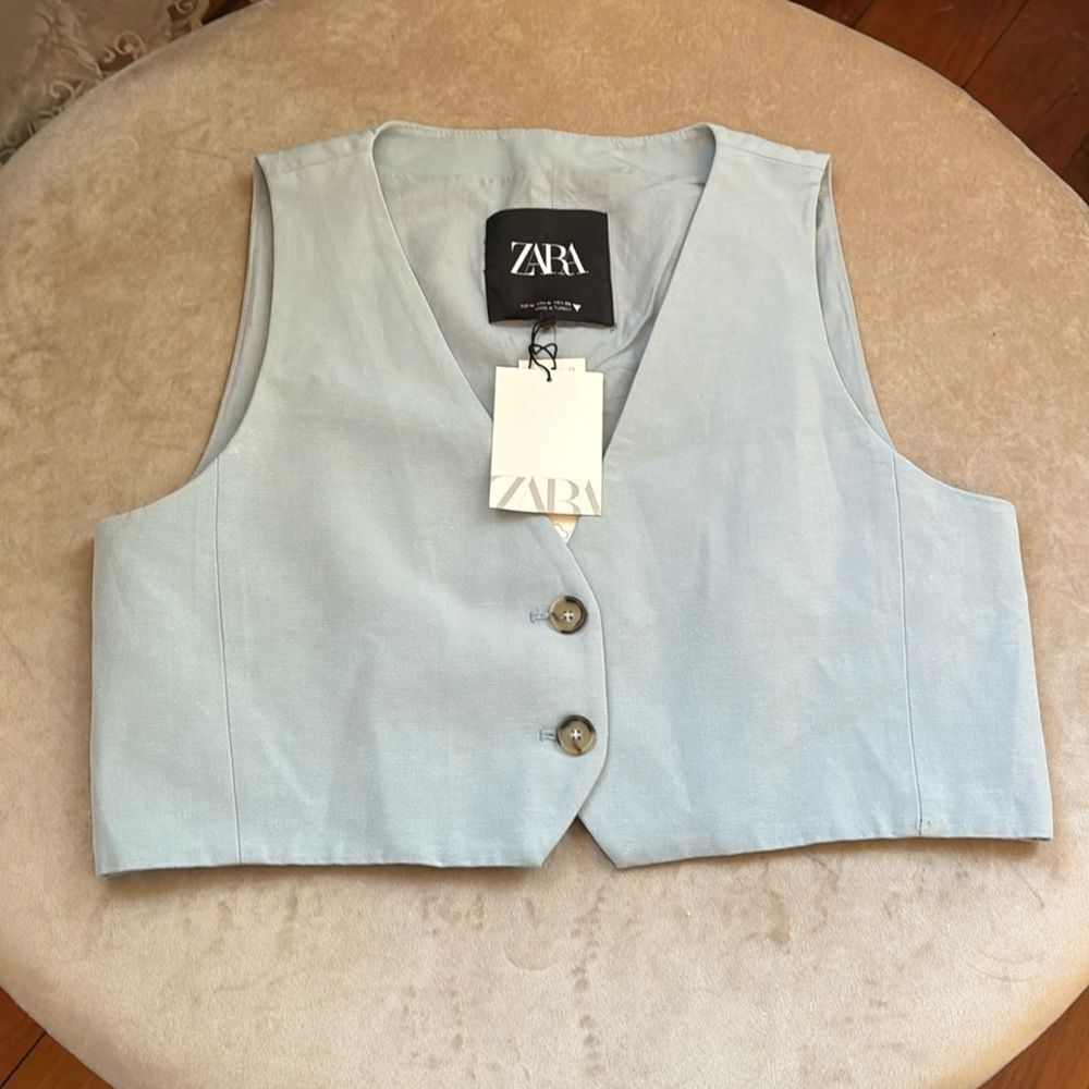 NWT Zara Powder Blue Linen Cropped Vest Sz M